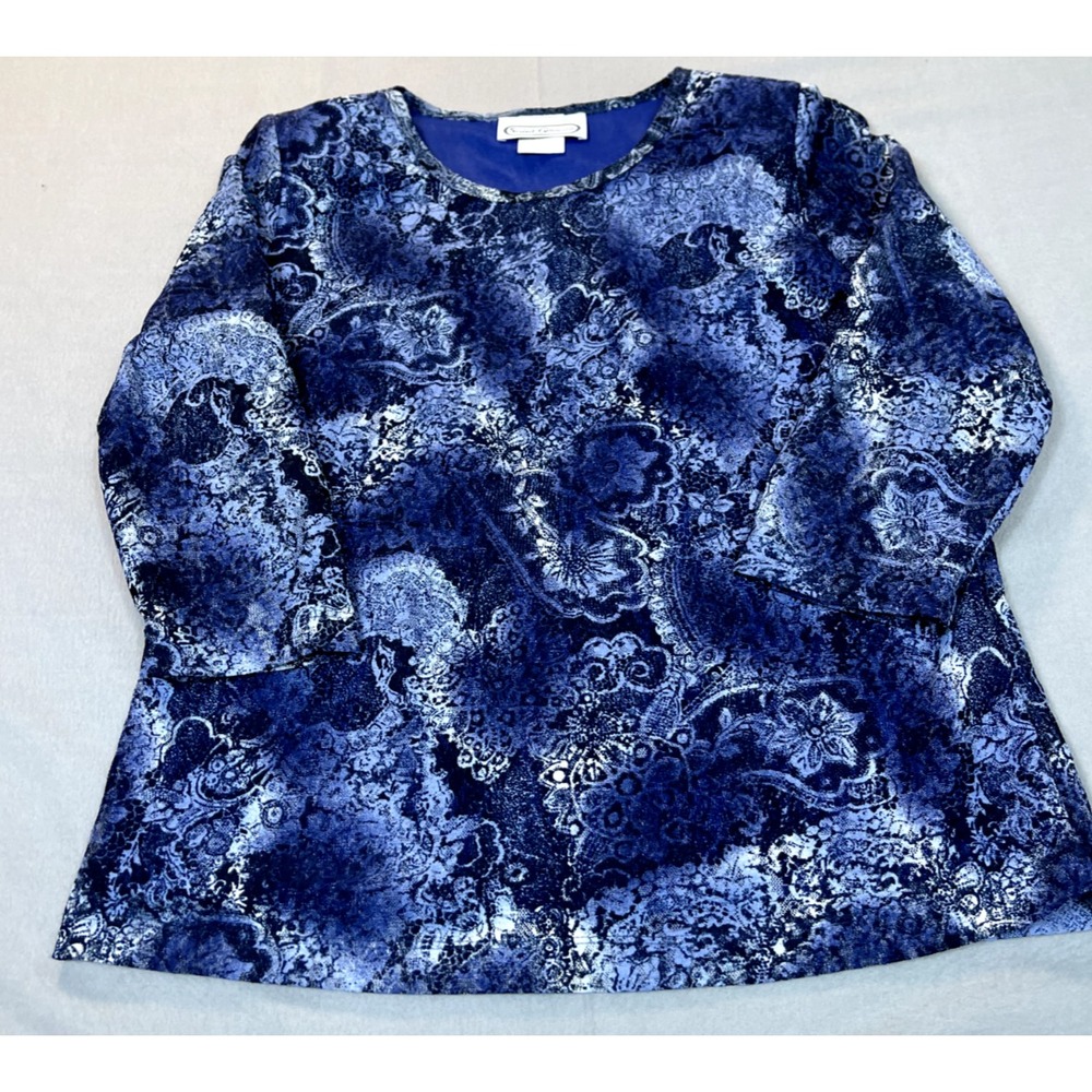 Saint Germain shirt blouse medium blue floral, shoulder pads women's vintage USA